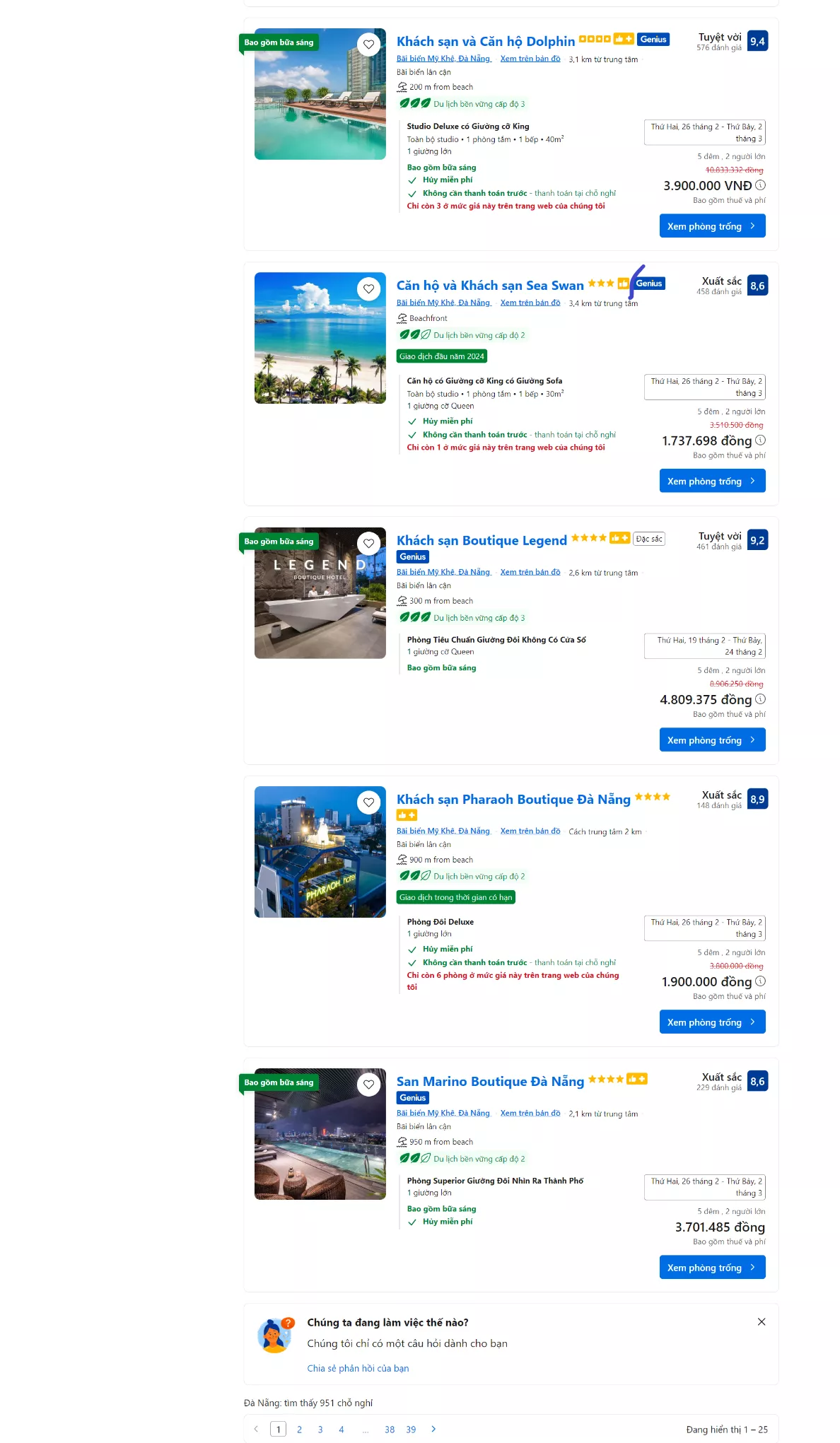 Ví dụ:  Bạn lựa chọn điểm đến Đà Nẵng, ngày đặt phòng 24/2. Booking.com sẽ gợi ý cho bạn 951 chỗ nghĩ dưỡng.