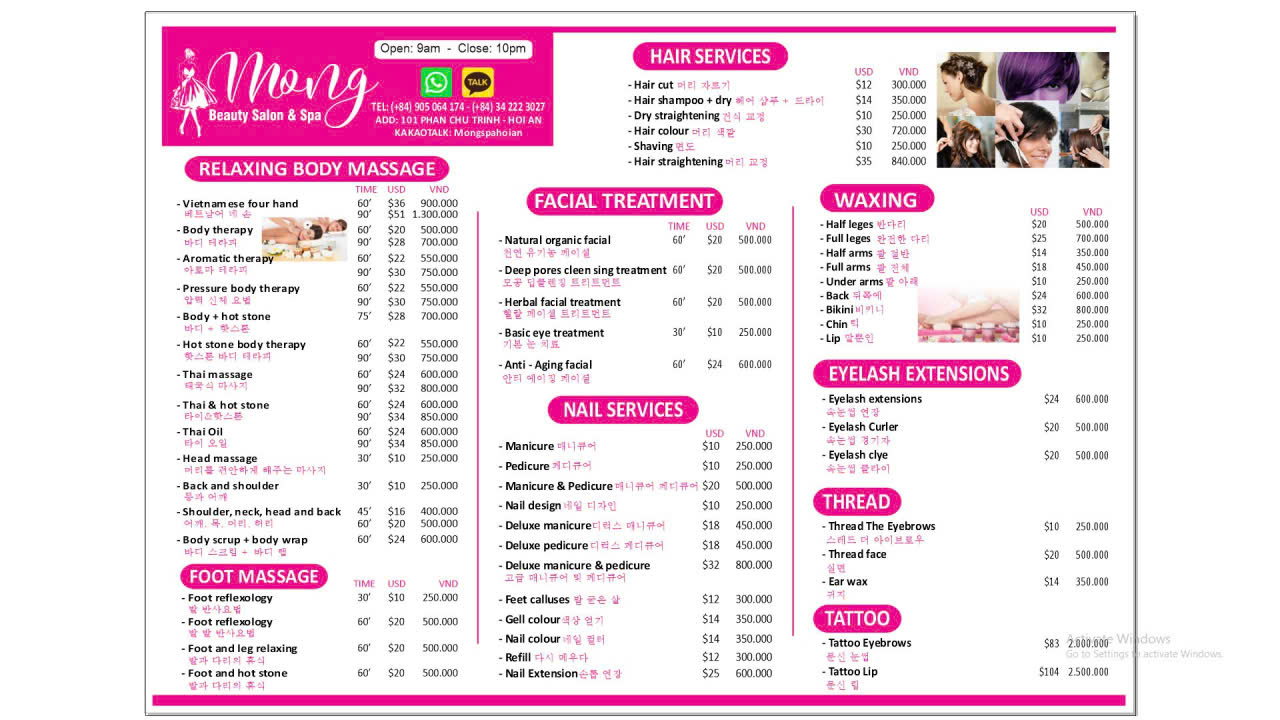 Bảng giá Mộng Spa